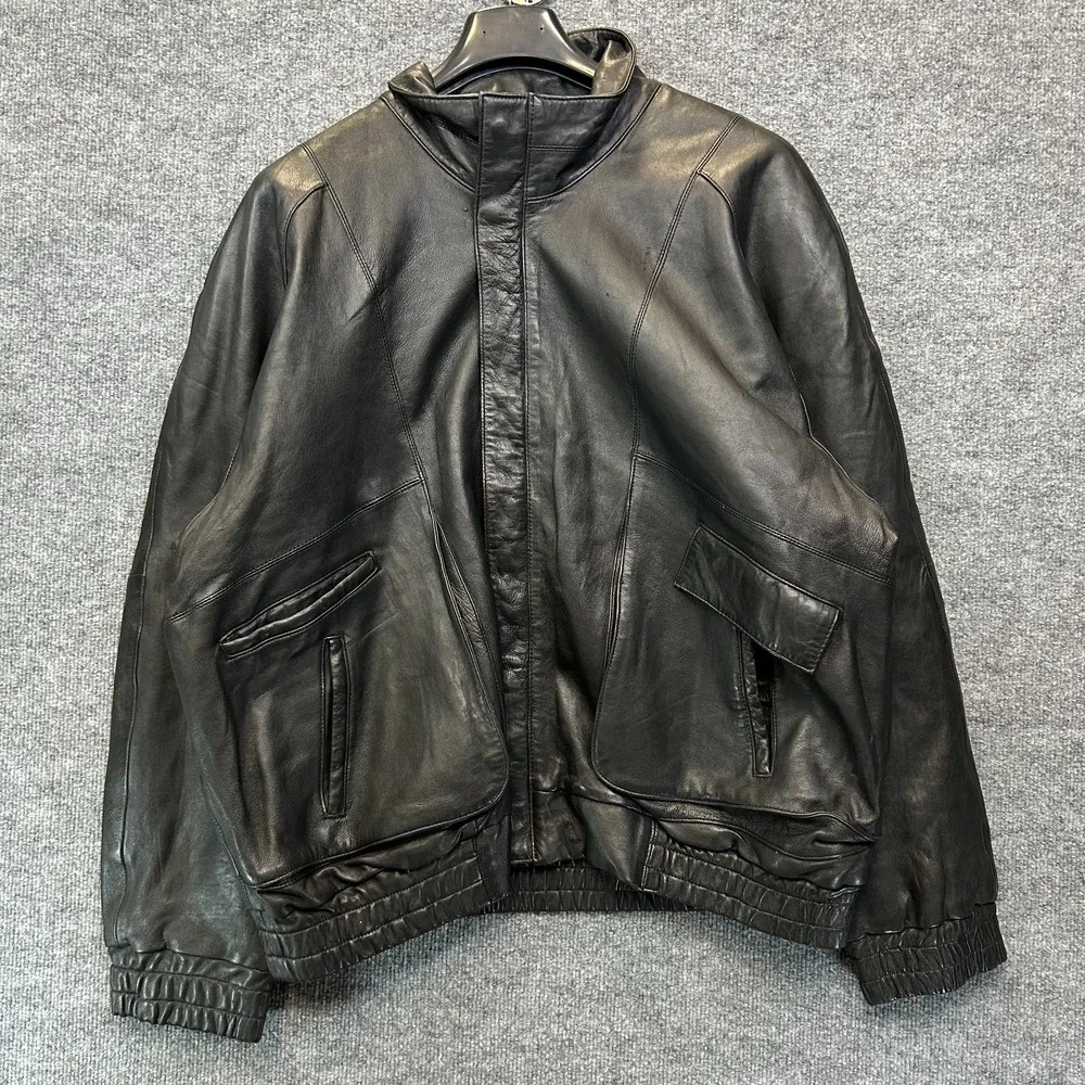 VTG Philippe Monet Leather Bomber Jacket Men Black Funnel Neck Full Zip - 46